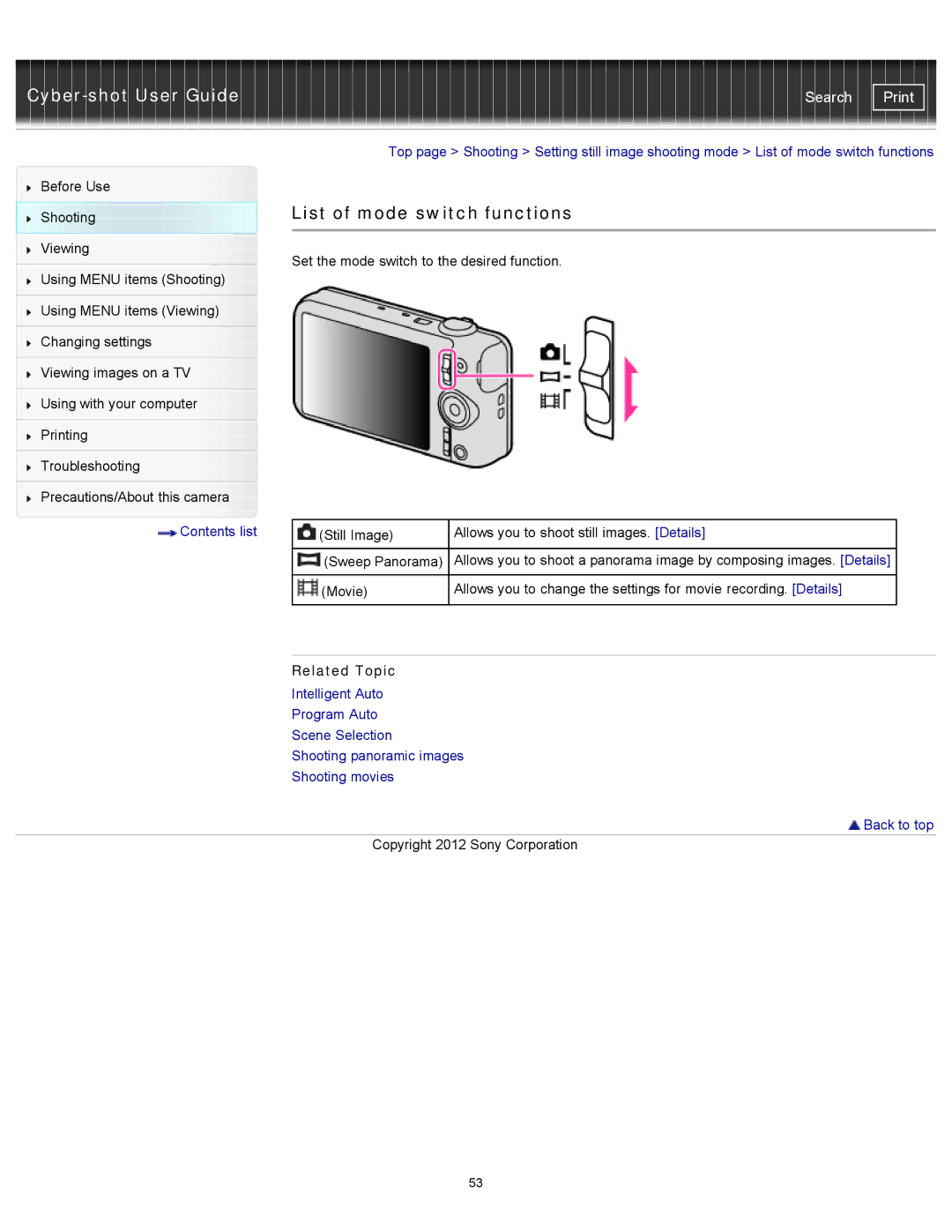 Sony DSCWX150/L, DSC-WX150/R, DSC-WX100/WX150 manual List of mode switch functions 