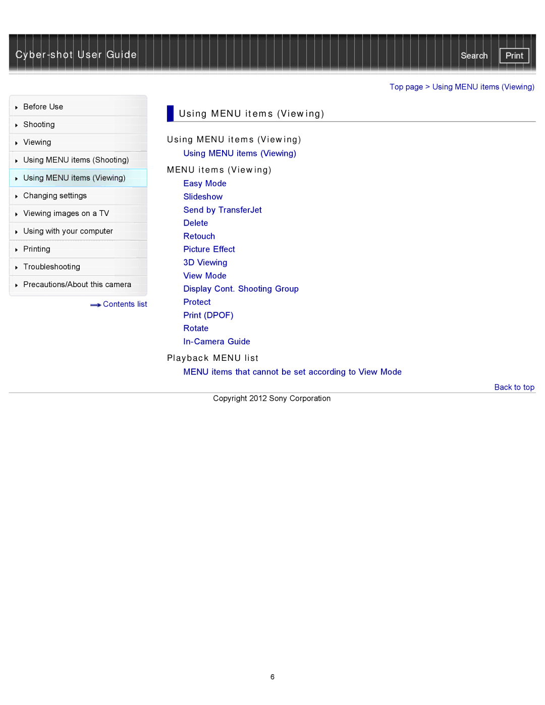 Sony DSC-WX150/R, DSC-WX100/WX150, DSCWX150/L manual Using Menu items Viewing, Playback Menu list 