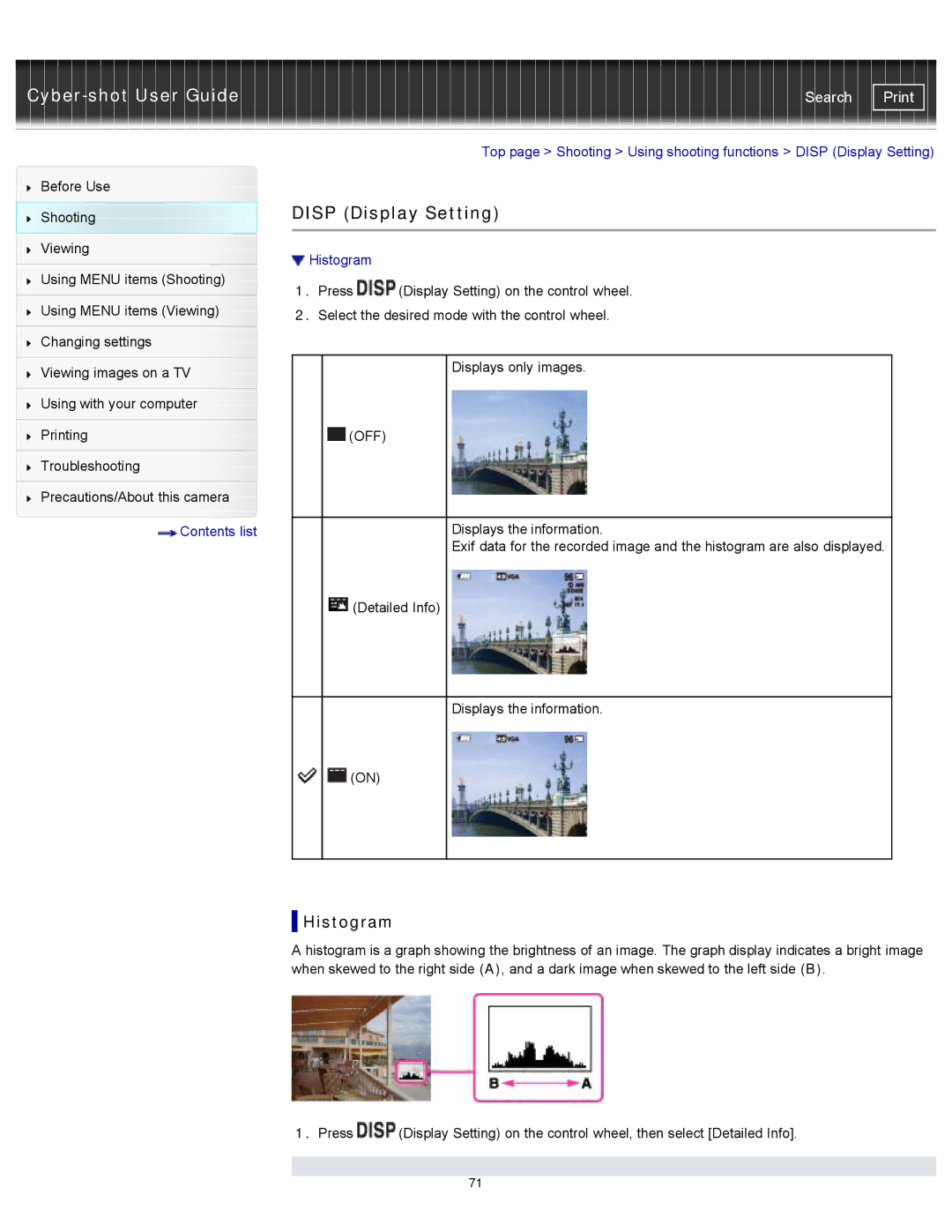 Sony DSCWX150/L, DSC-WX150/R, DSC-WX100/WX150 manual Disp Display Setting, Histogram 