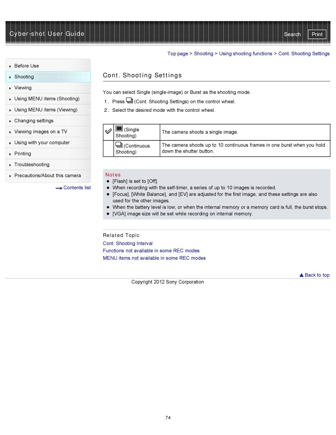 Sony DSCWX150/L, DSC-WX150/R, DSC-WX100/WX150 manual Cont. Shooting Settings 