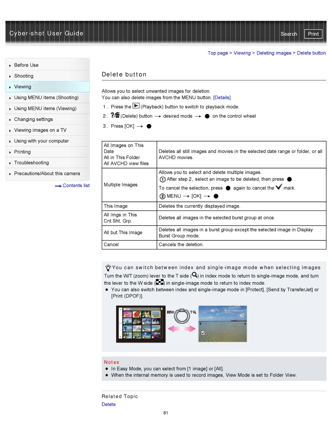 Sony DSC-WX150/R, DSC-WX100/WX150, DSCWX150/L manual Delete button, Menu 