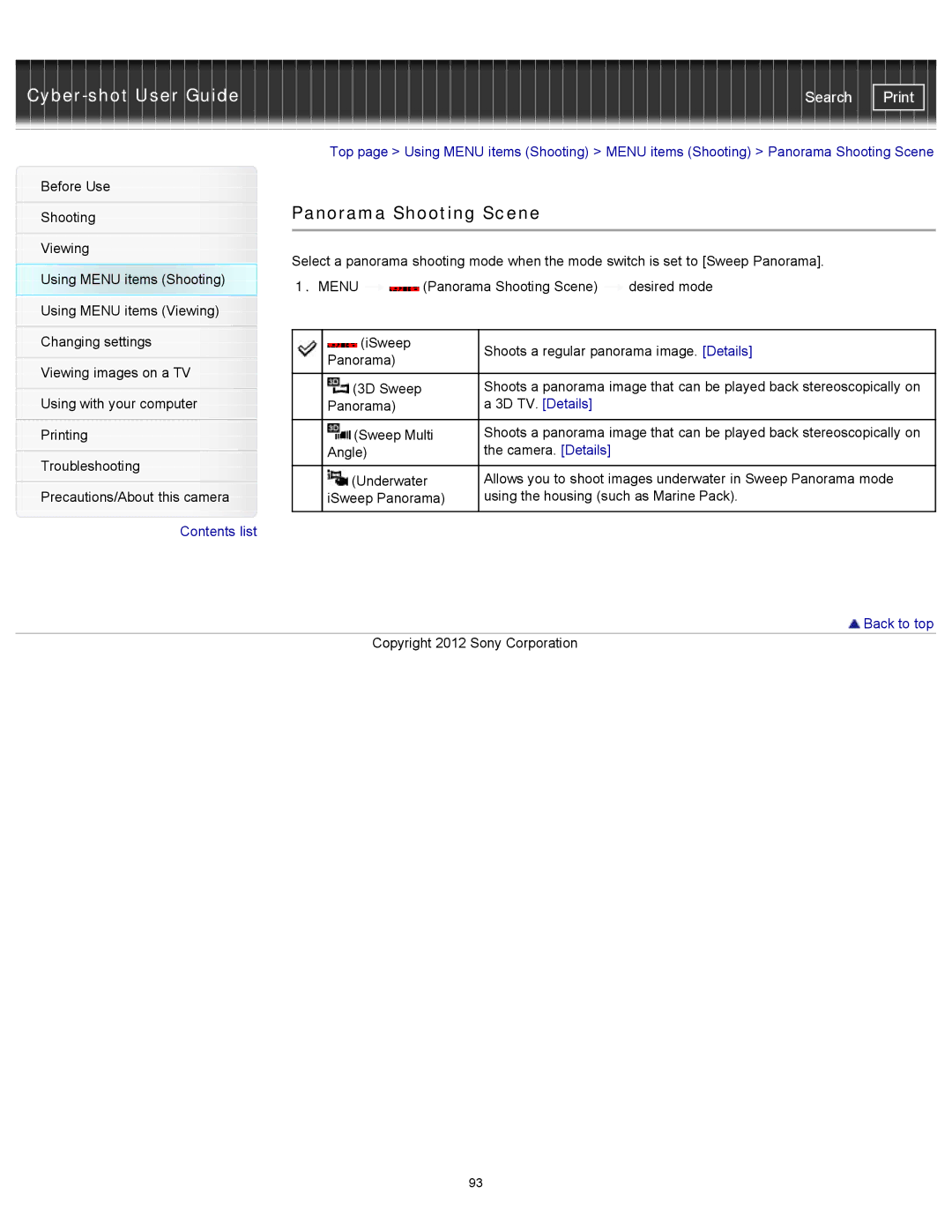 Sony DSC-WX150/R, DSC-WX100/WX150, DSCWX150/L manual Panorama Shooting Scene 