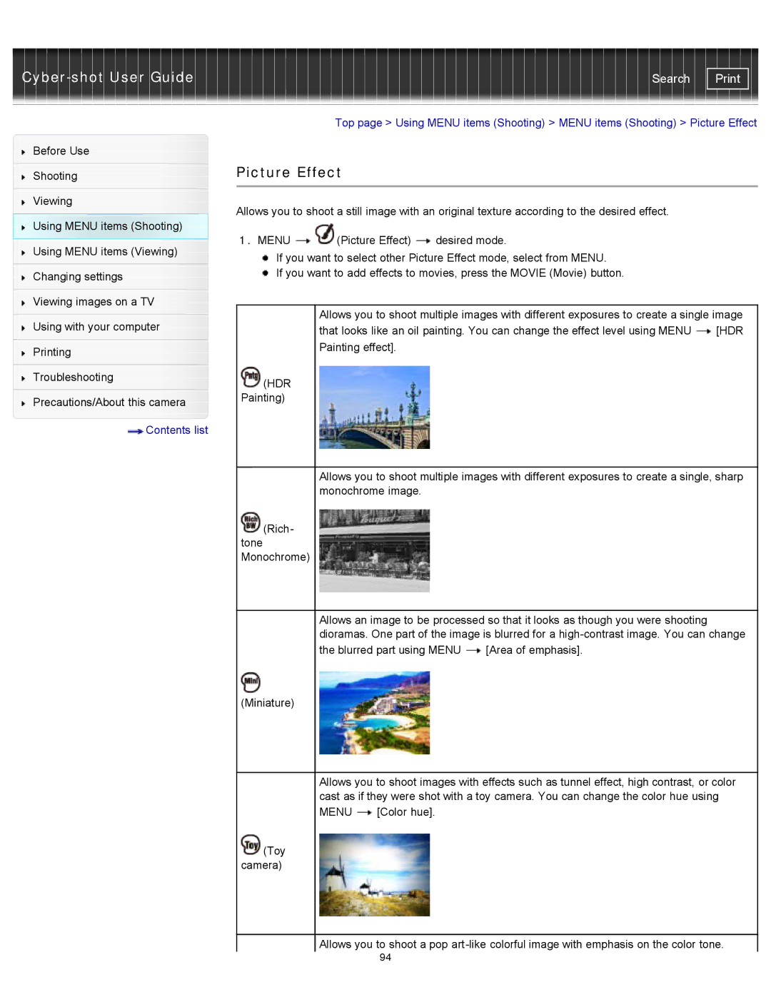 Sony DSC-WX100/WX150, DSC-WX150/R, DSCWX150/L manual Picture Effect 