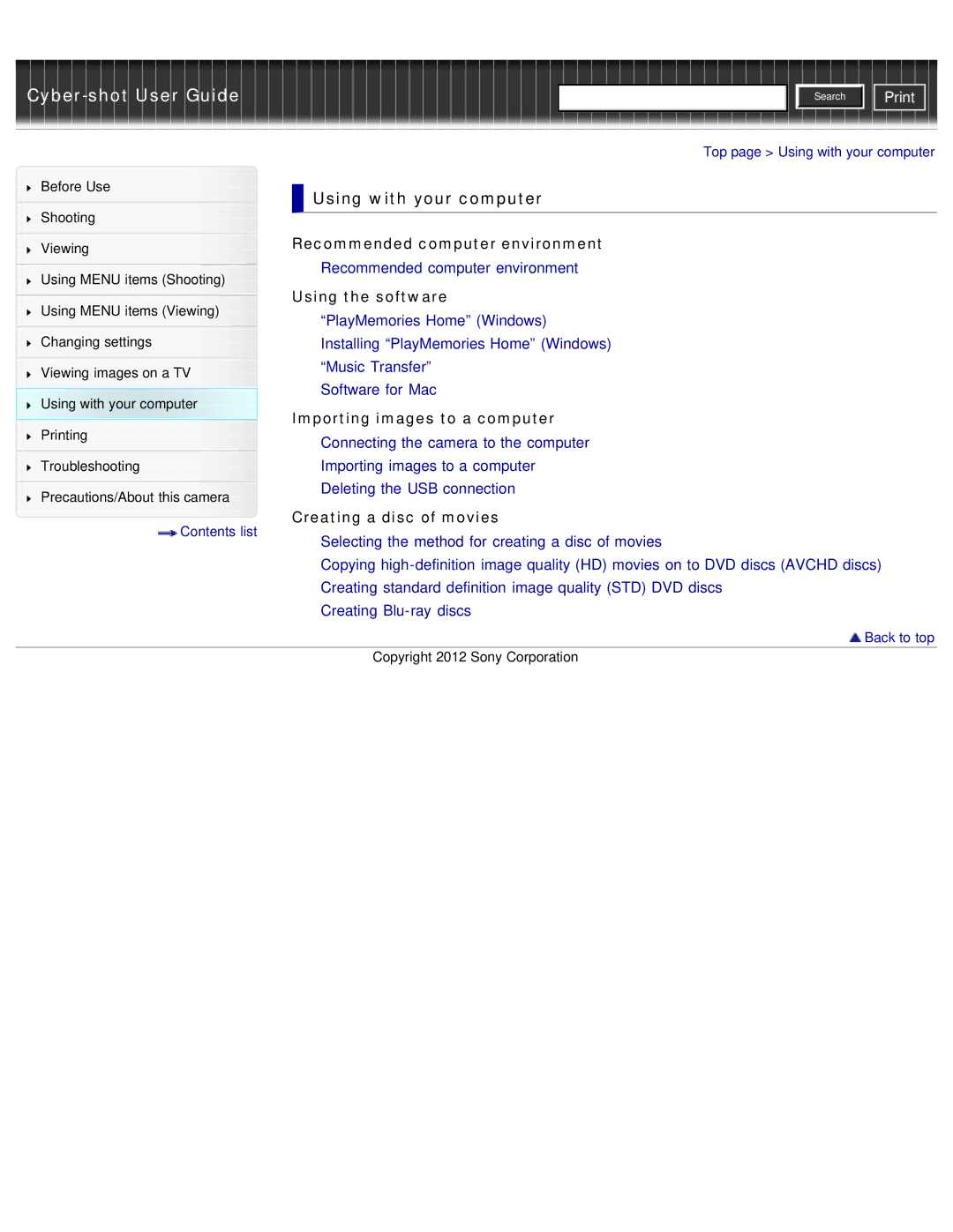 Sony DSC-WX50 Top page Using with your computer Before Use, Viewing, Using Menu items Shooting, Changing settings 