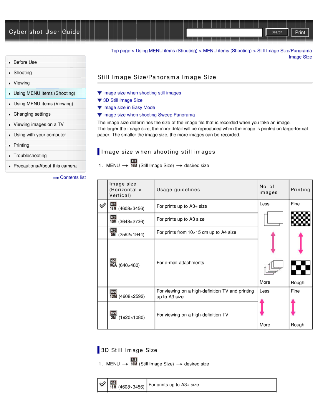 Sony DSC-WX50 manual Still Image Size/Panorama Image Size, Image size when shooting still images, 3D Still Image Size 