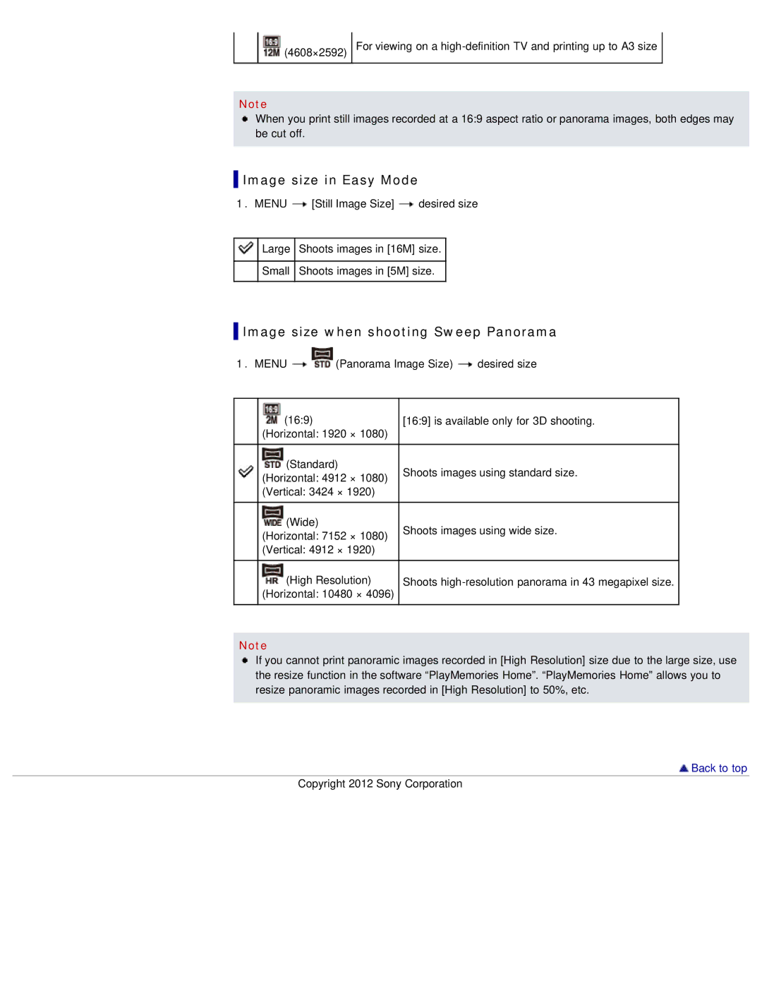 Sony DSC-WX50 manual Image size in Easy Mode, Image size when shooting Sweep Panorama 