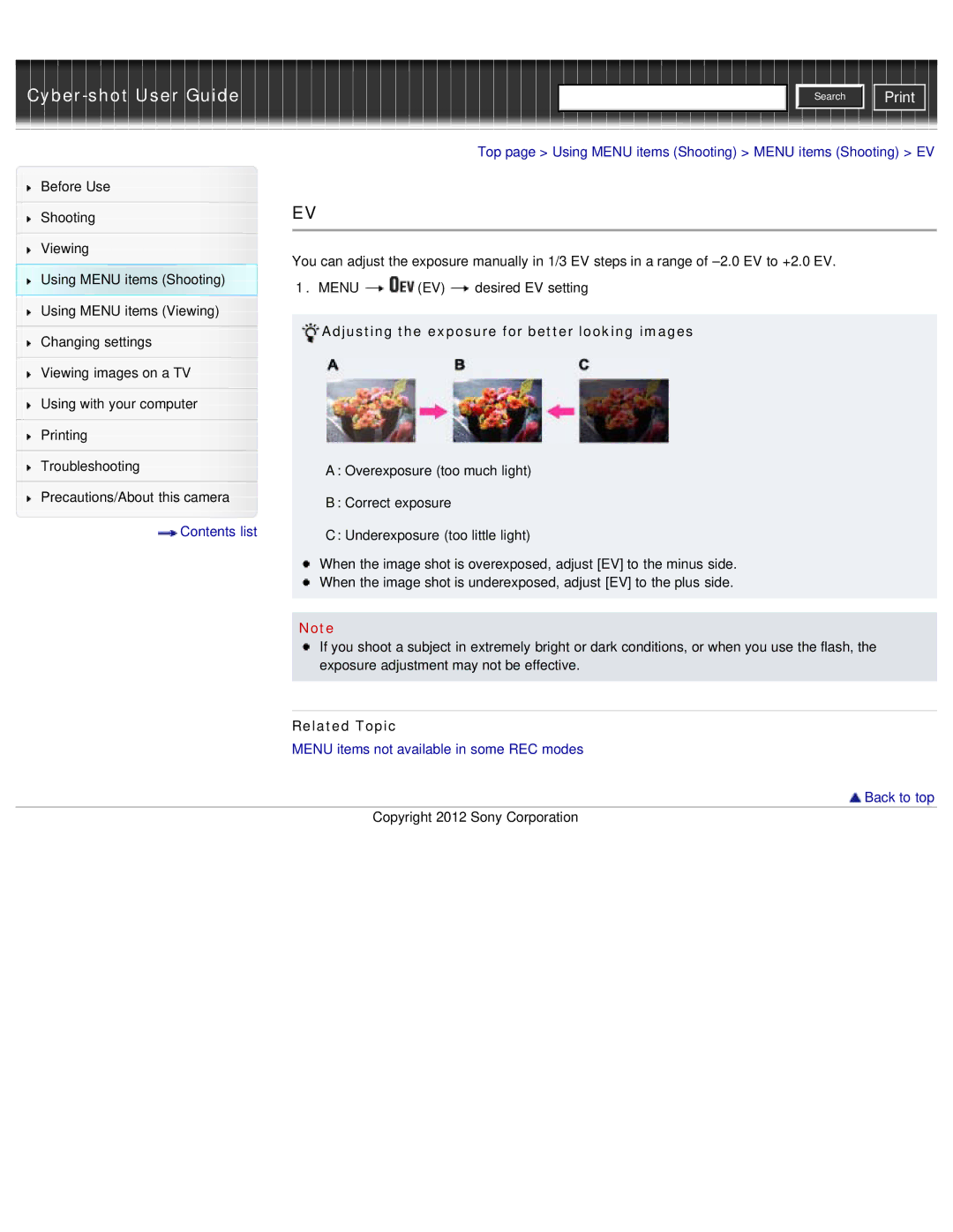 Sony DSC-WX50 Adjusting the exposure for better looking images, Menu items not available in some REC modes Back to top 