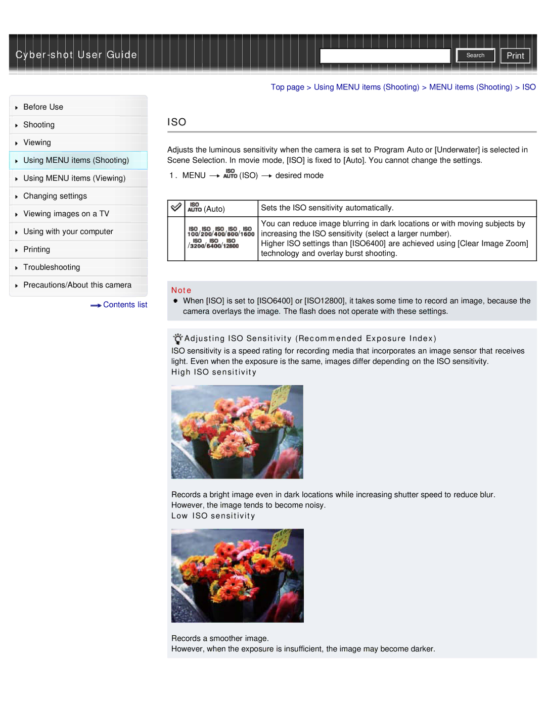 Sony DSC-WX50 manual Top page Using Menu items Shooting Menu items Shooting ISO, High ISO sensitivity, Low ISO sensitivity 