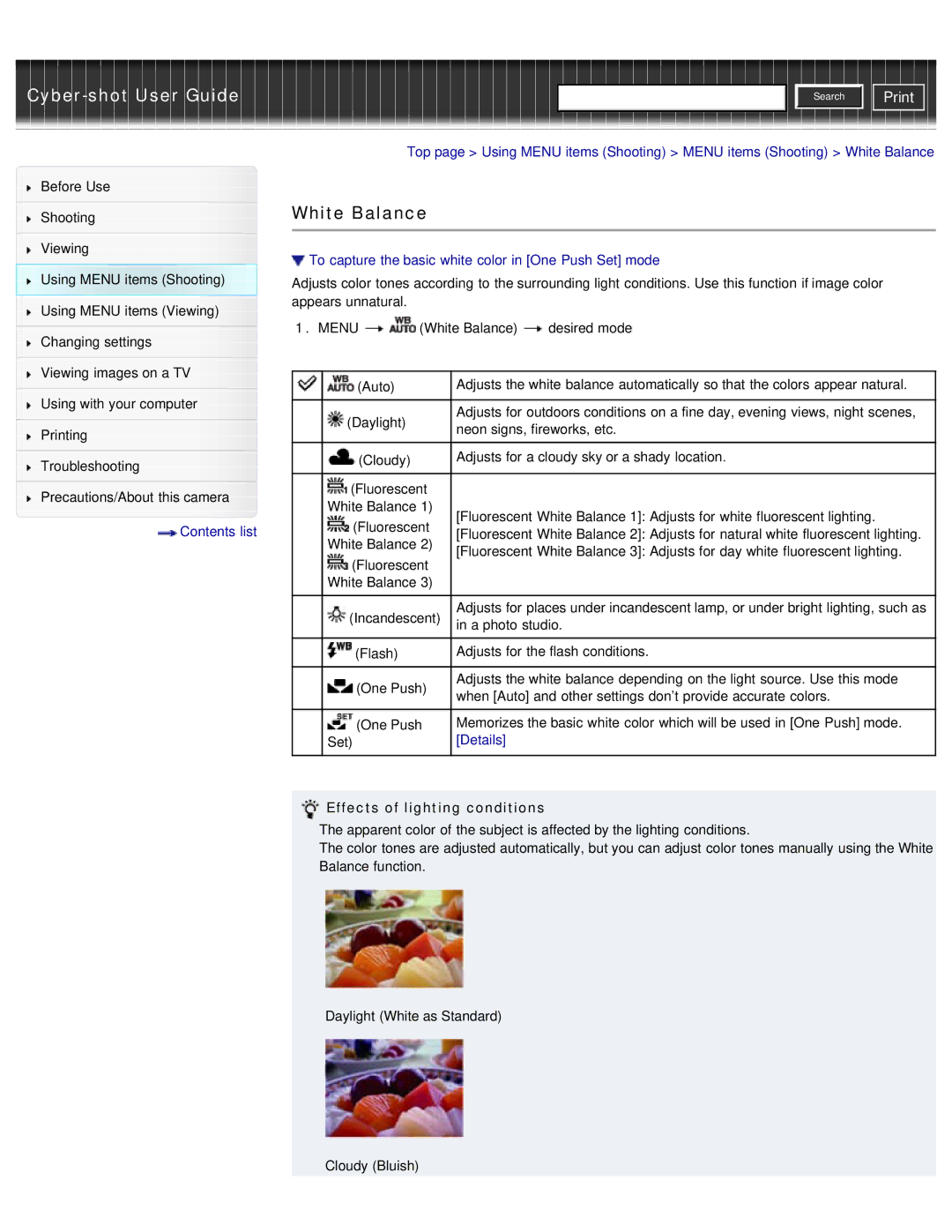 Sony DSC-WX50 manual White Balance, To capture the basic white color in One Push Set mode, Effects of lighting conditions 