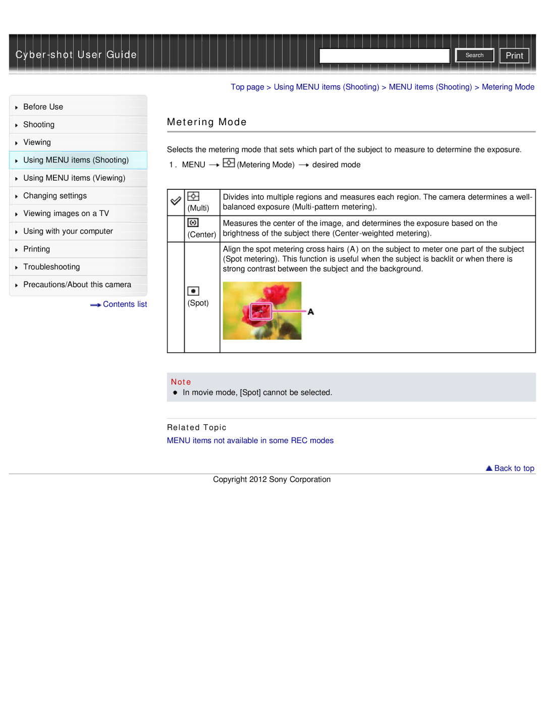 Sony DSC-WX50 manual Metering Mode, Menu items not available in some REC modes Back to top 