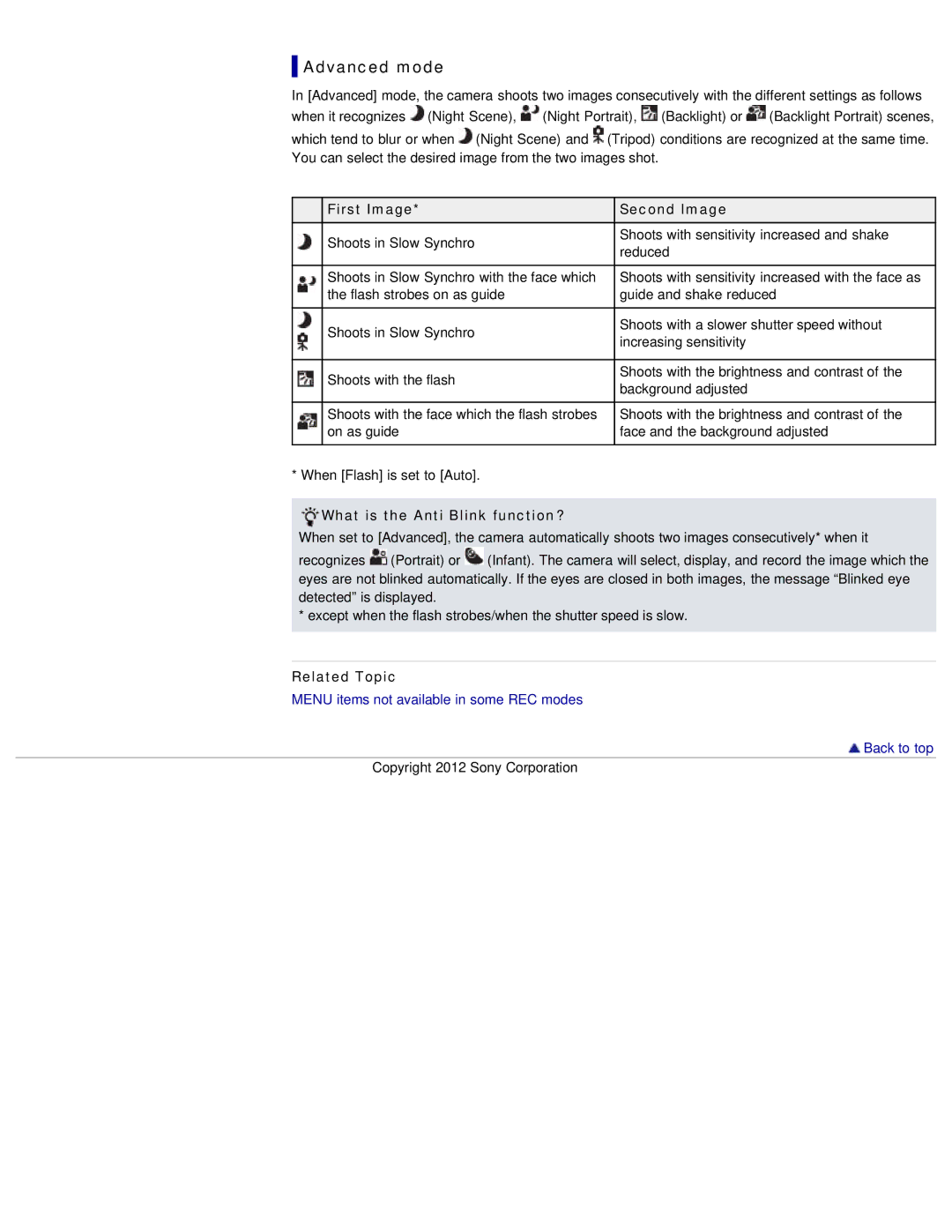 Sony DSC-WX50 manual Advanced mode, First Image Second Image, What is the Anti Blink function? 