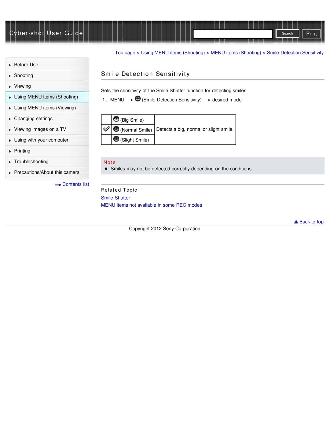 Sony DSC-WX50 manual Smile Detection Sensitivity, Smile Shutter 