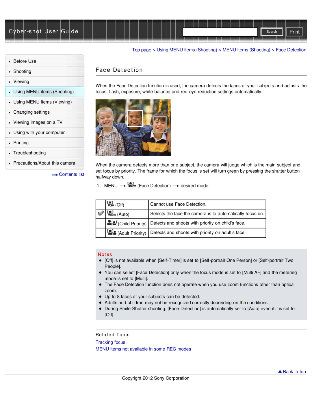 Sony DSC-WX50 manual Face Detection, Contents list 