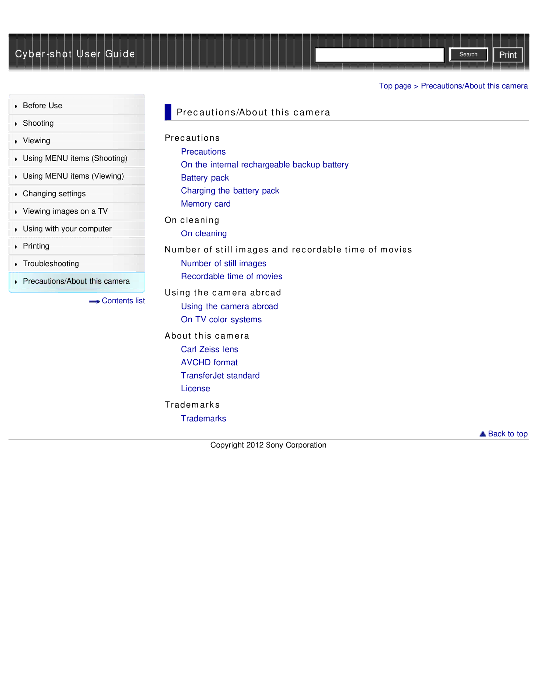 Sony DSC-WX50 manual On cleaning, Top page Precautions/About this camera 