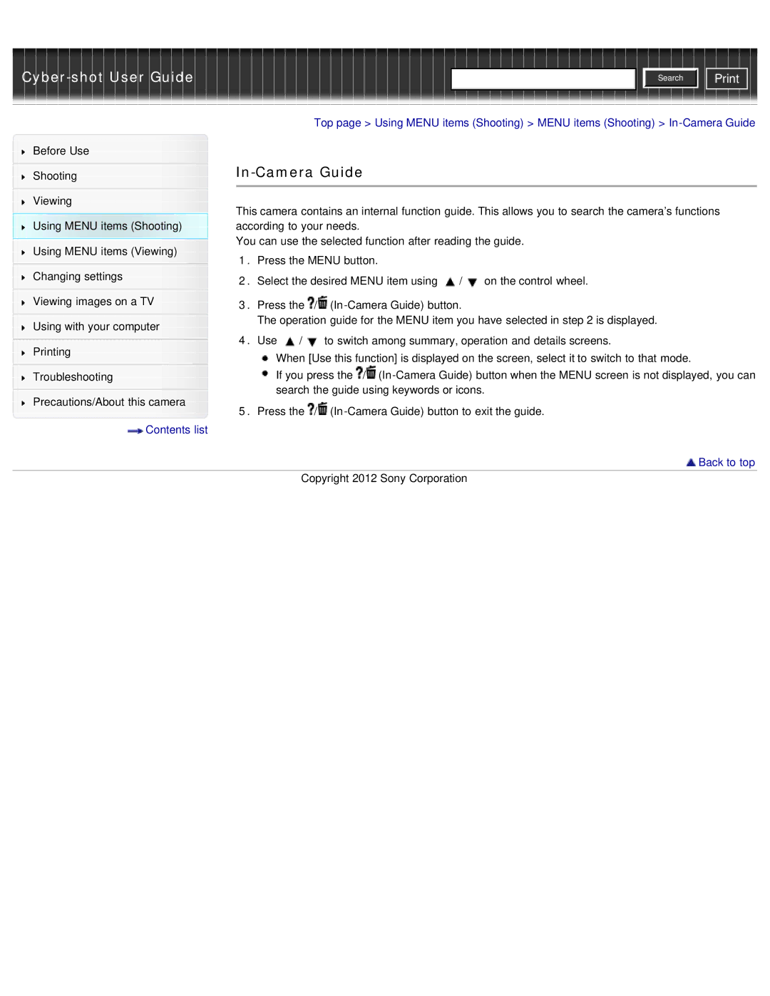 Sony DSC-WX50 manual In-Camera Guide, Contents list Back to top 