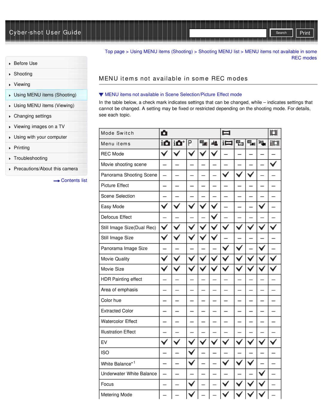 Sony DSC-WX50 manual Menu items not available in some REC modes, Mode Switch Menu items 