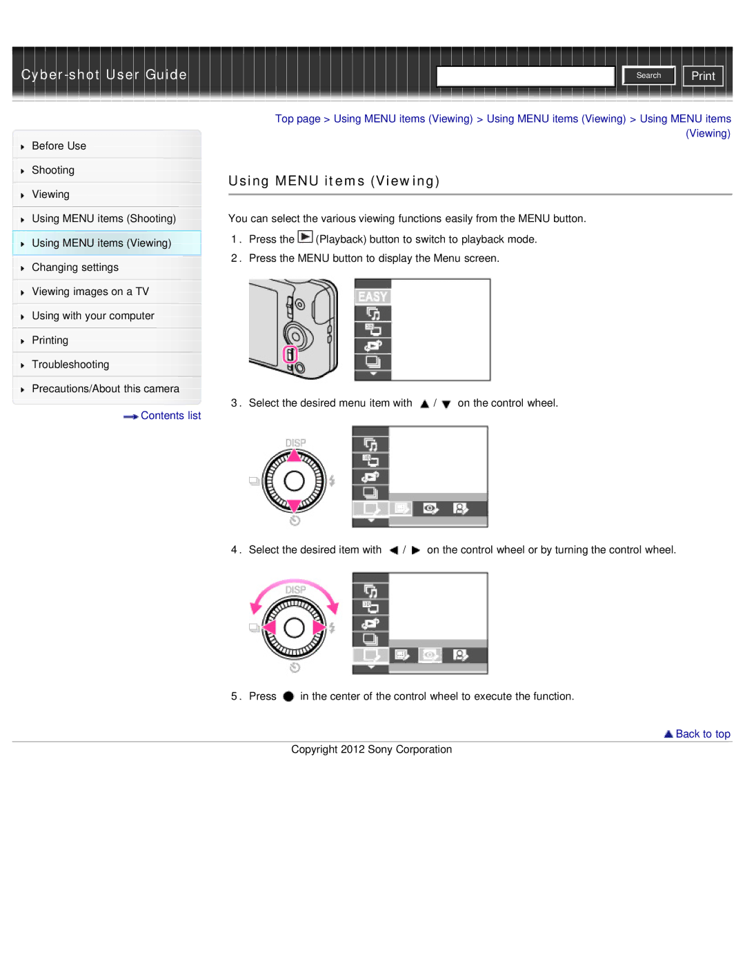 Sony DSC-WX50 manual Using Menu items Viewing 