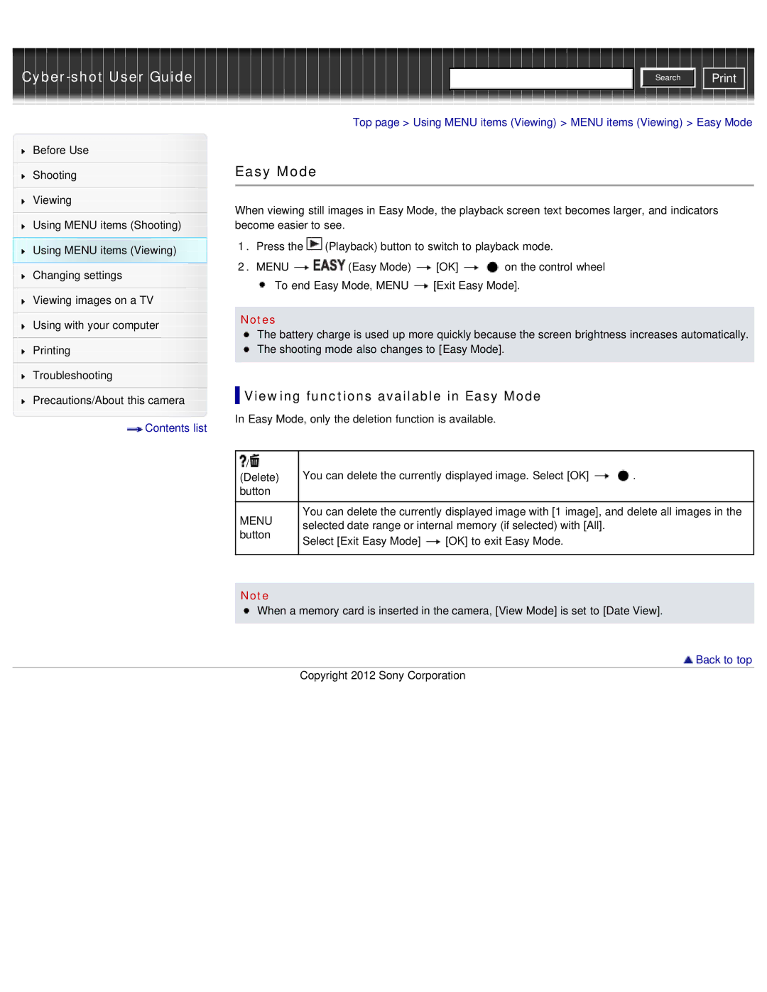 Sony DSC-WX50 manual Viewing functions available in Easy Mode 