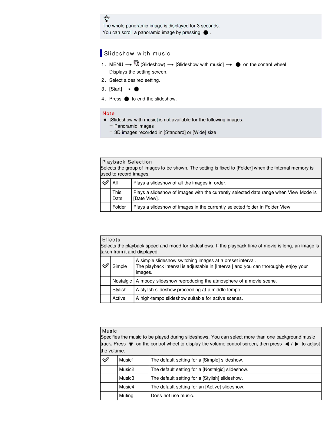 Sony DSC-WX50 manual Slideshow with music, Playback Selection, Effects, Music 
