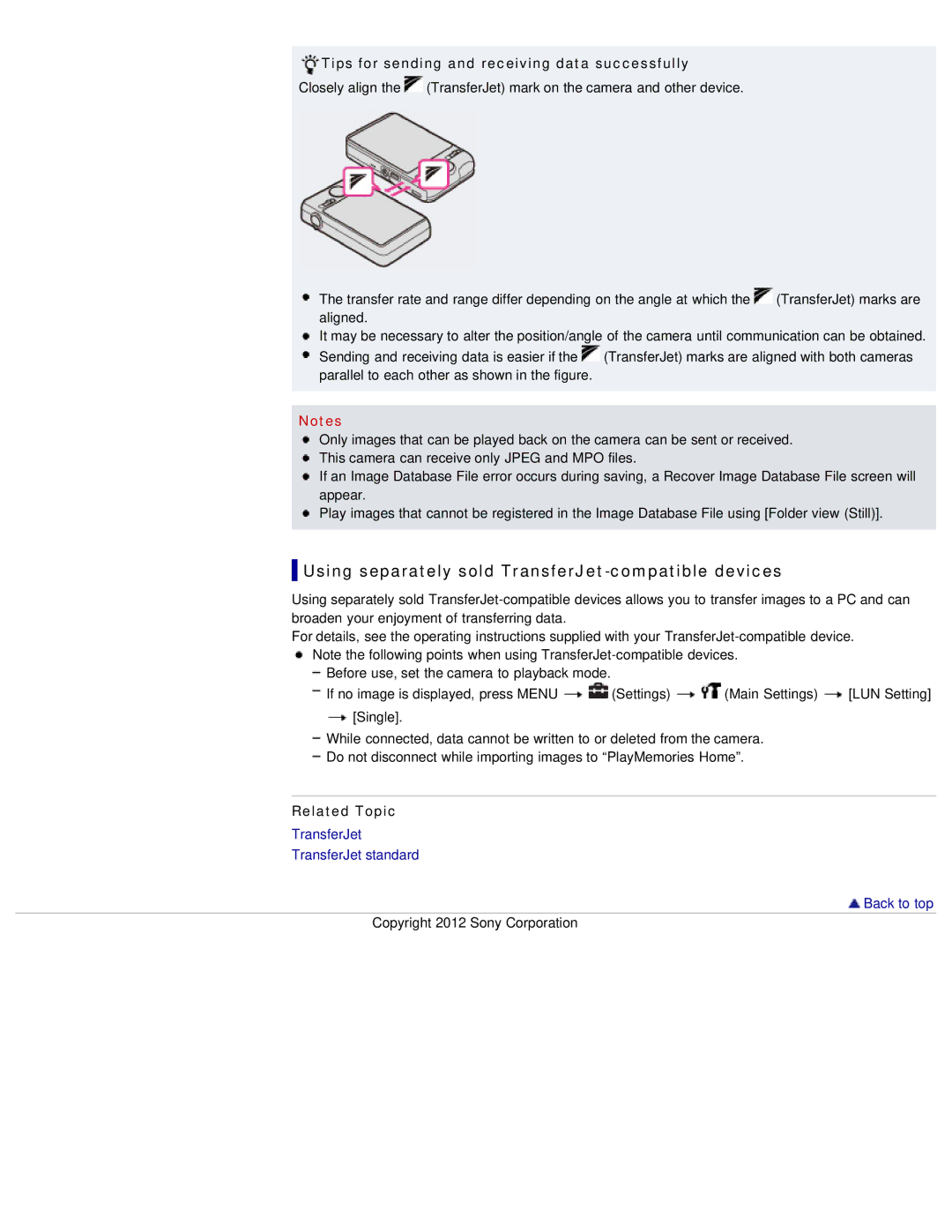 Sony DSC-WX50 manual Using separately sold TransferJet-compatible devices, Tips for sending and receiving data successfully 