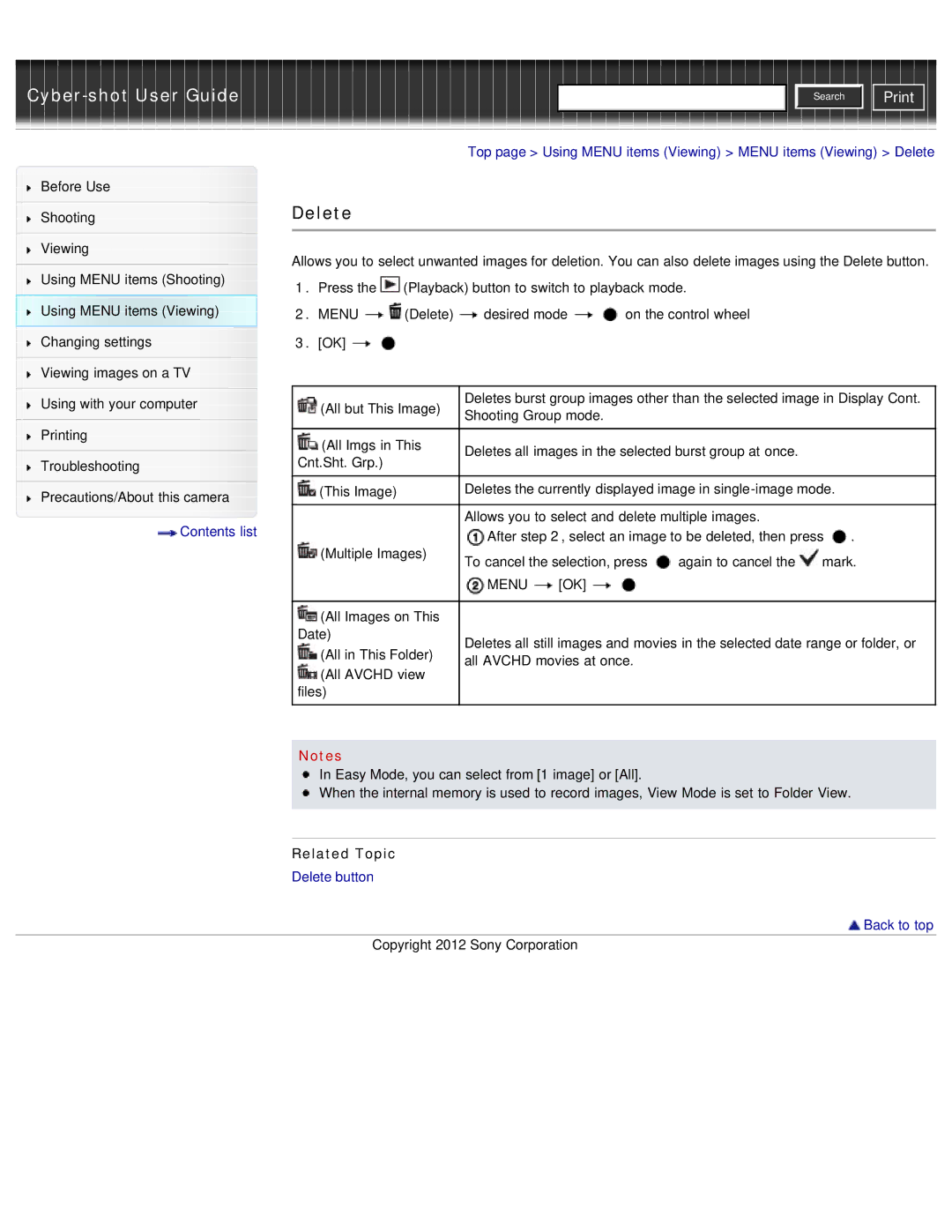 Sony DSC-WX50 manual Top page Using Menu items Viewing Menu items Viewing Delete, Delete button Back to top 