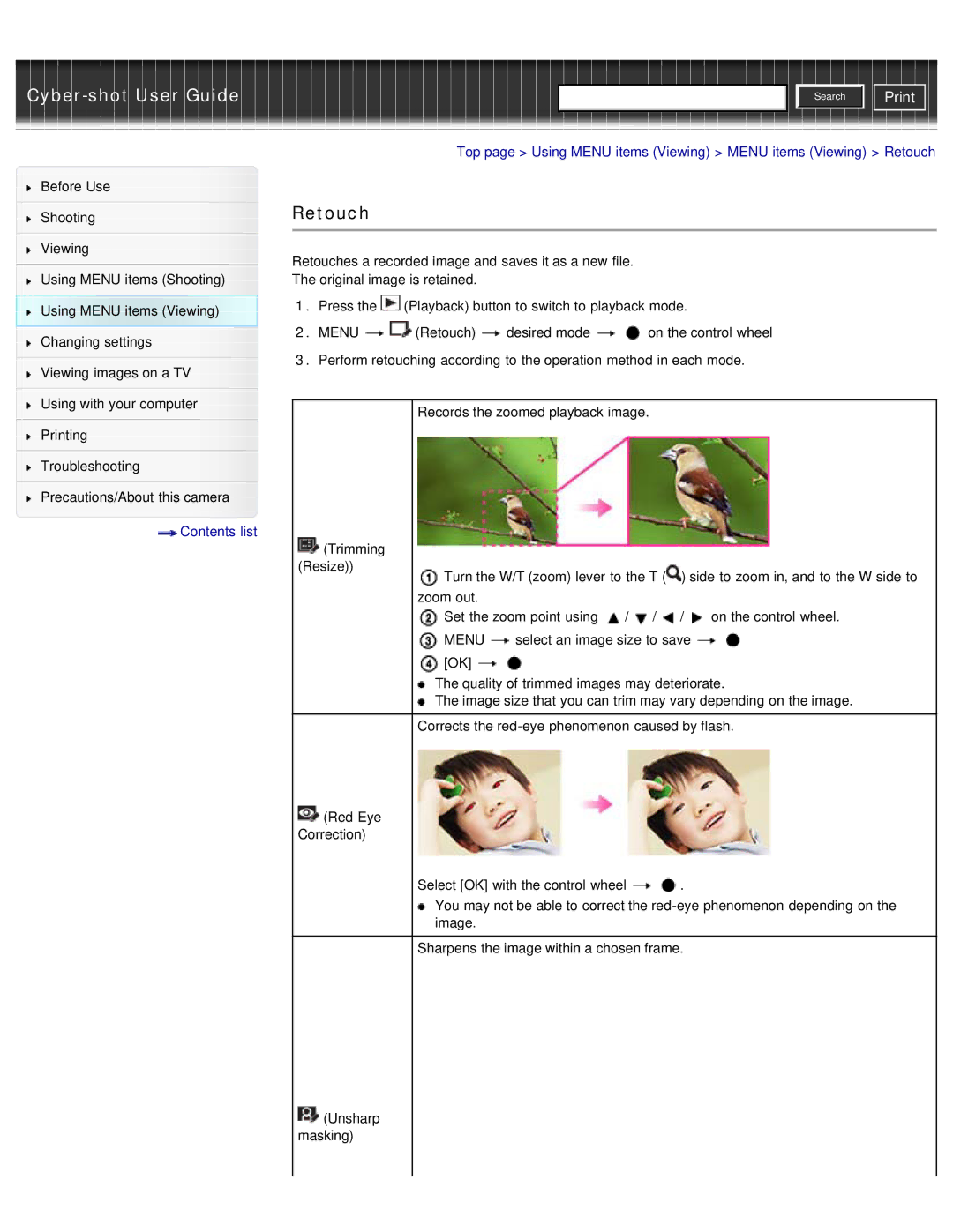 Sony DSC-WX50 manual Top page Using Menu items Viewing Menu items Viewing Retouch 