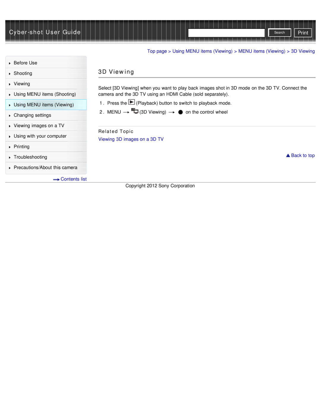 Sony DSC-WX50 manual 3D Viewing, Related Topic 