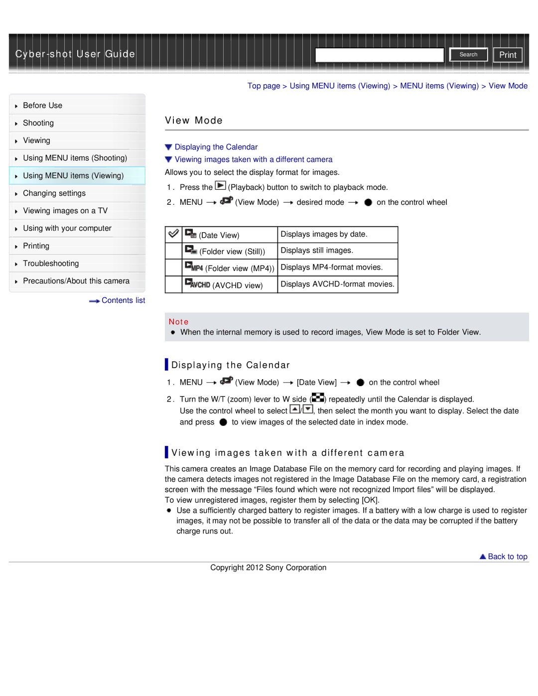 Sony DSC-WX50 manual View Mode, Displaying the Calendar, Viewing images taken with a different camera 