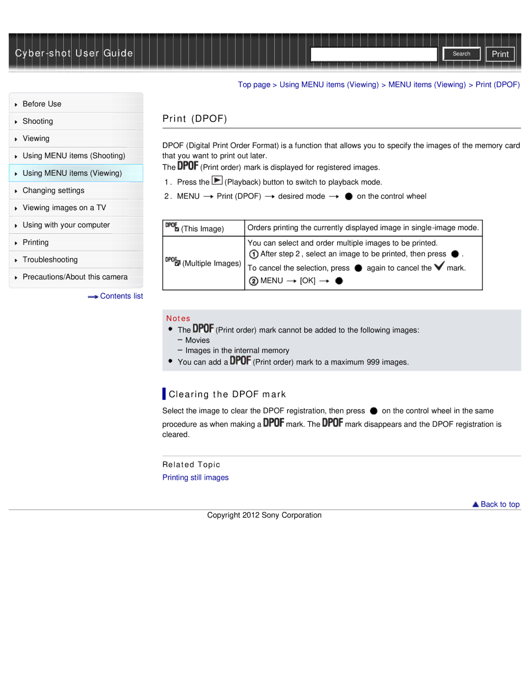 Sony DSC-WX50 manual Print Dpof, Clearing the Dpof mark, Printing still images Back to top 