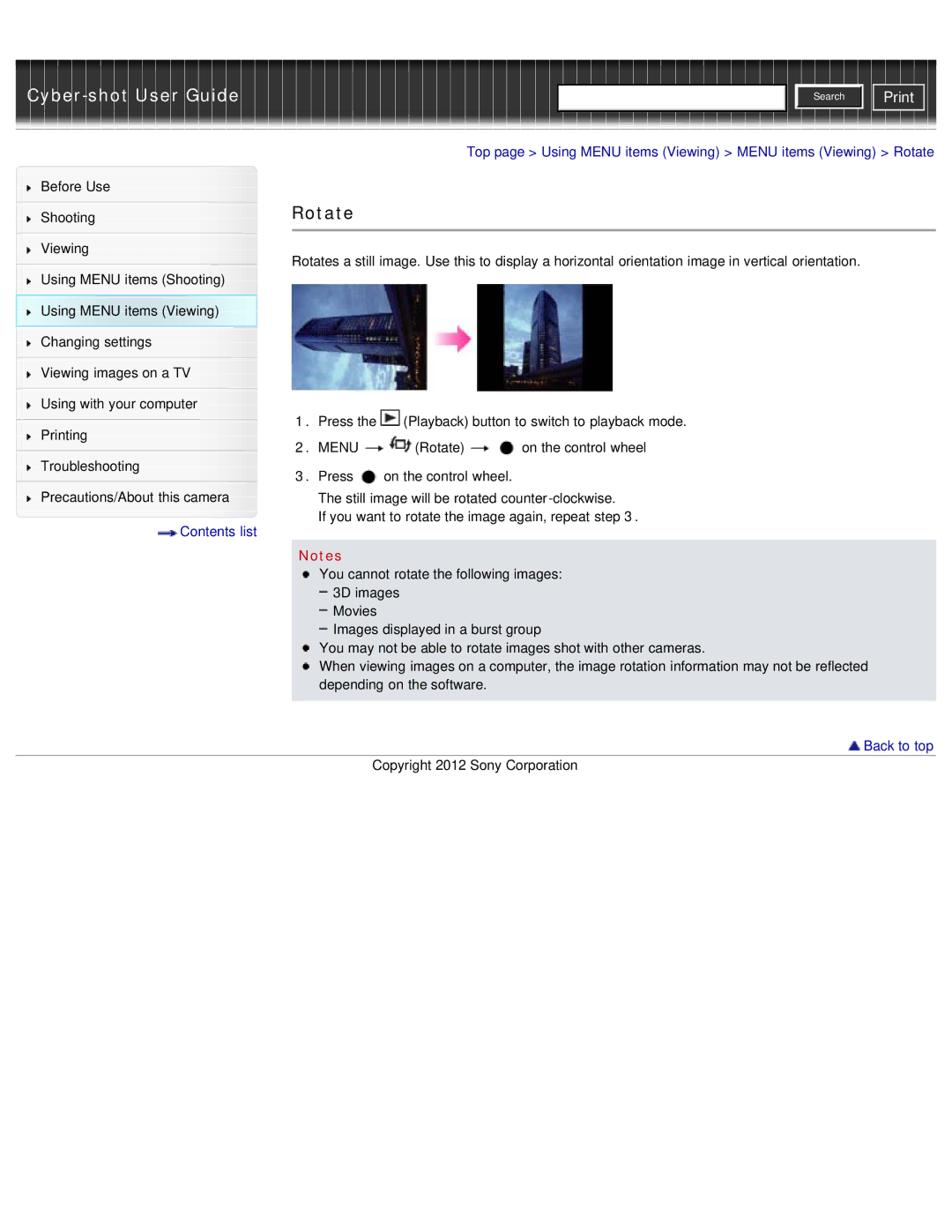 Sony DSC-WX50 manual Top page Using Menu items Viewing Menu items Viewing Rotate 