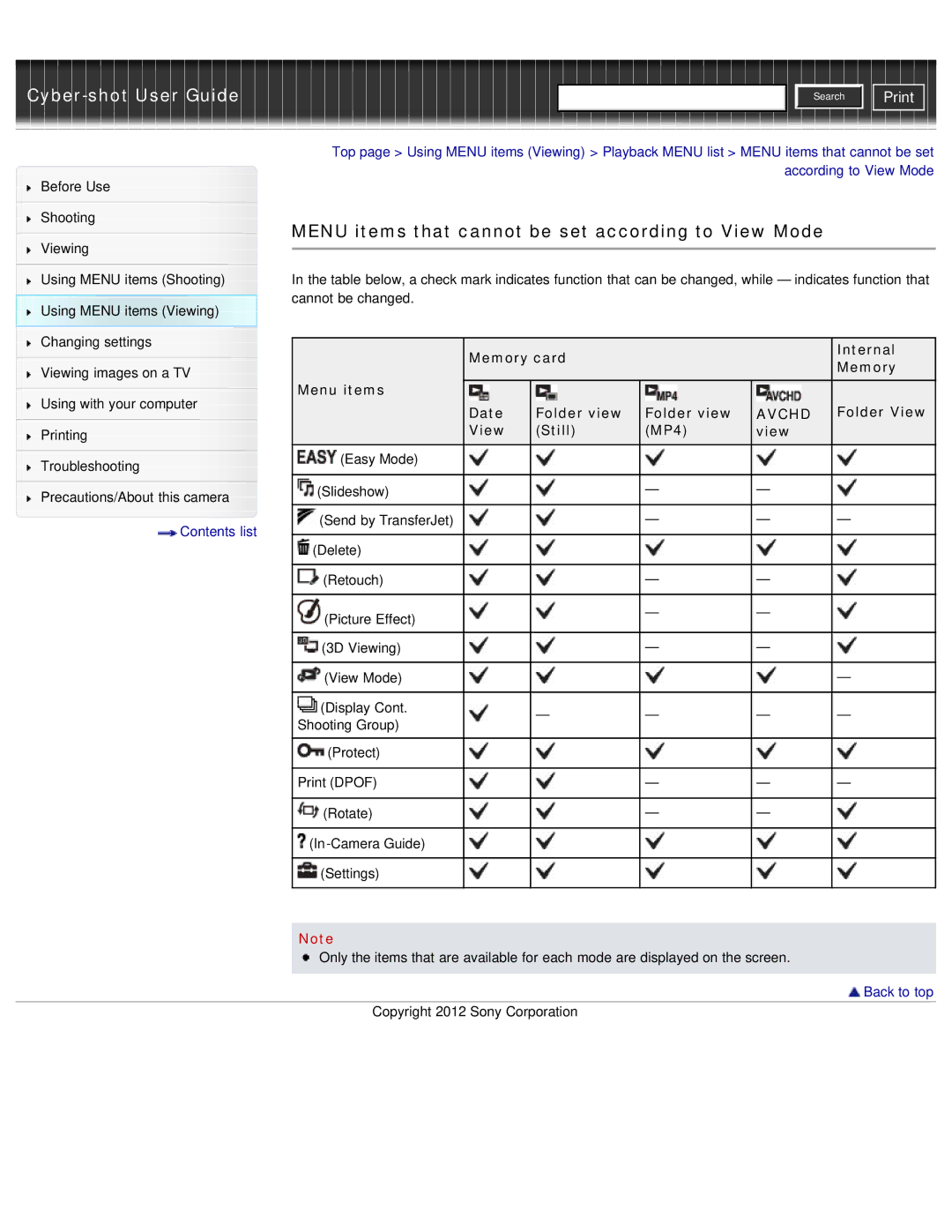 Sony DSC-WX50 Menu items that cannot be set according to View Mode, Memory card Internal, Date Folder view, View Still MP4 