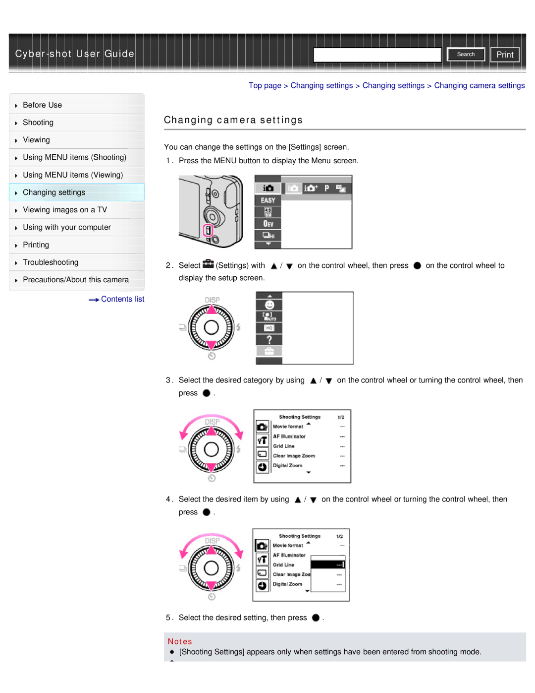 Sony DSC-WX50 manual Changing camera settings, Contents list 