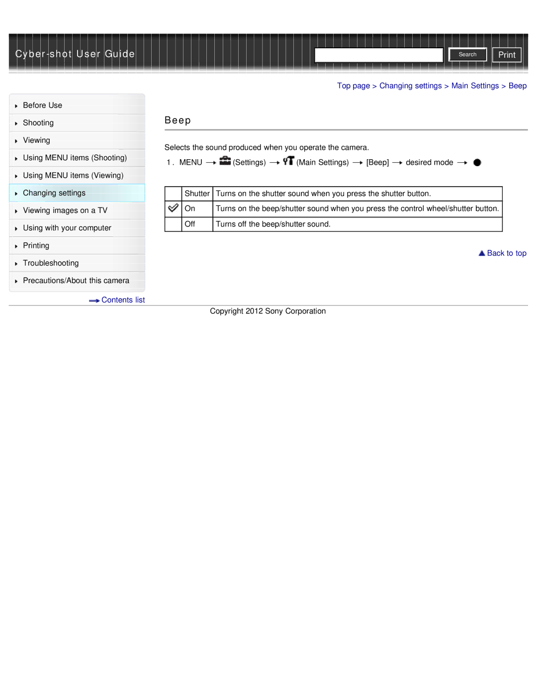 Sony DSC-WX50 manual Top page Changing settings Main Settings Beep 