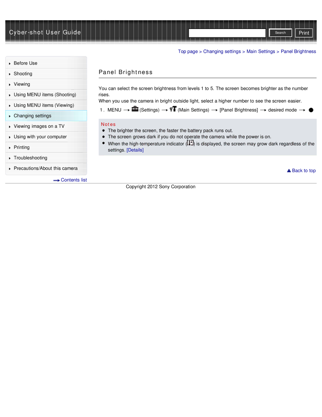 Sony DSC-WX50 manual Panel Brightness 