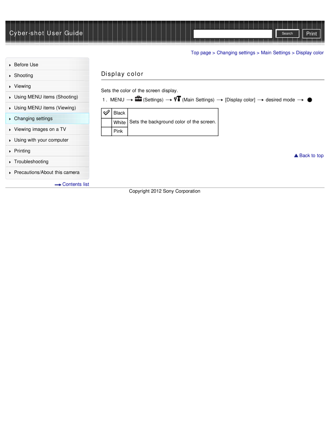 Sony DSC-WX50 manual Top page Changing settings Main Settings Display color 