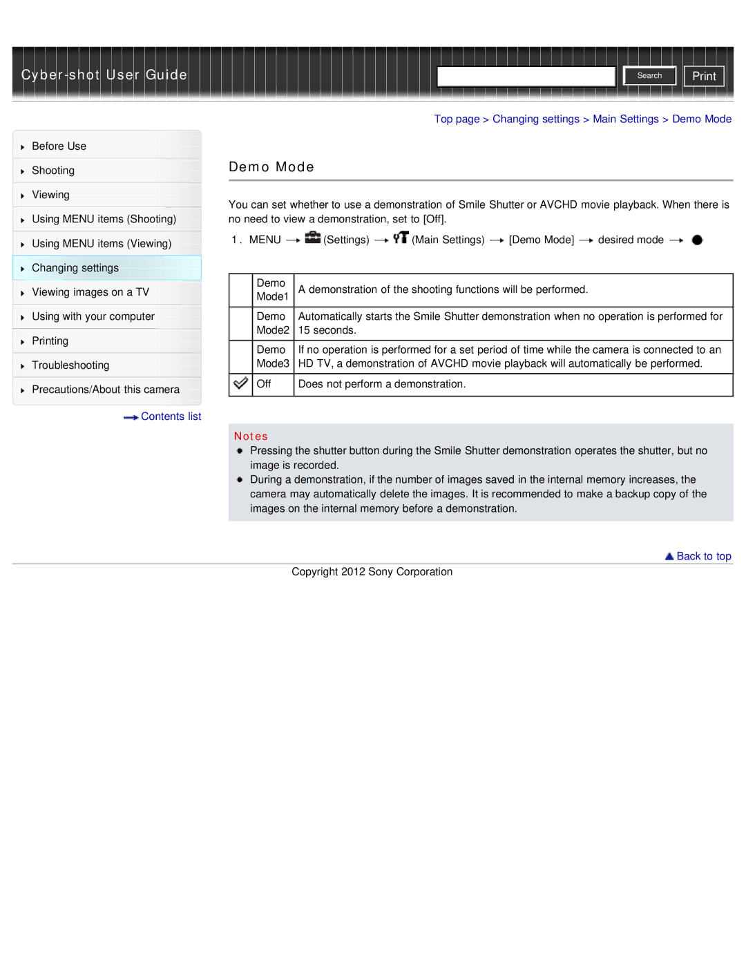 Sony DSC-WX50 manual Top page Changing settings Main Settings Demo Mode 