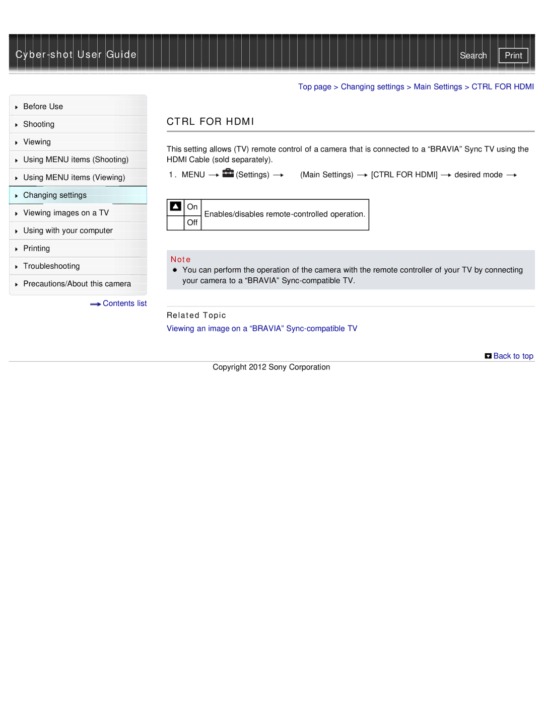 Sony DSC-WX50 manual Ctrl for Hdmi, Viewing an image on a Bravia Sync-compatible TV Back to top 