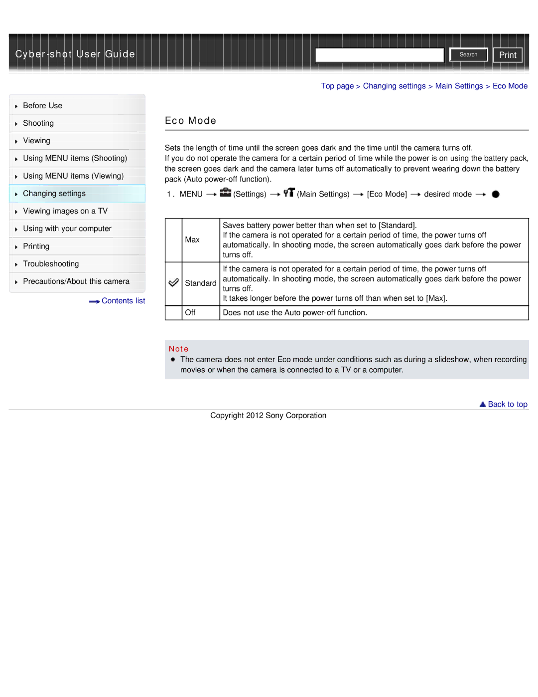 Sony DSC-WX50 manual Top page Changing settings Main Settings Eco Mode 