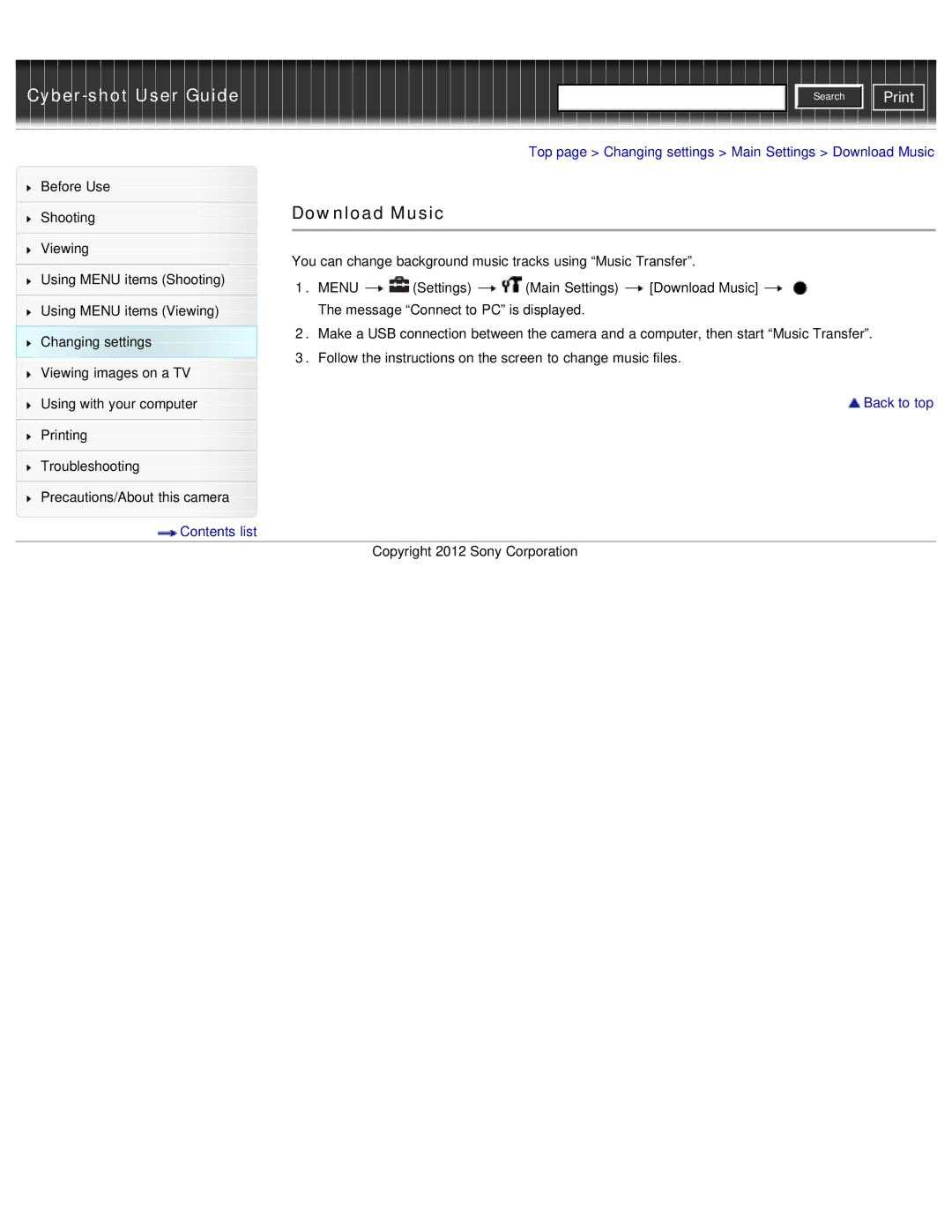 Sony DSC-WX50 manual Download Music, Contents list 