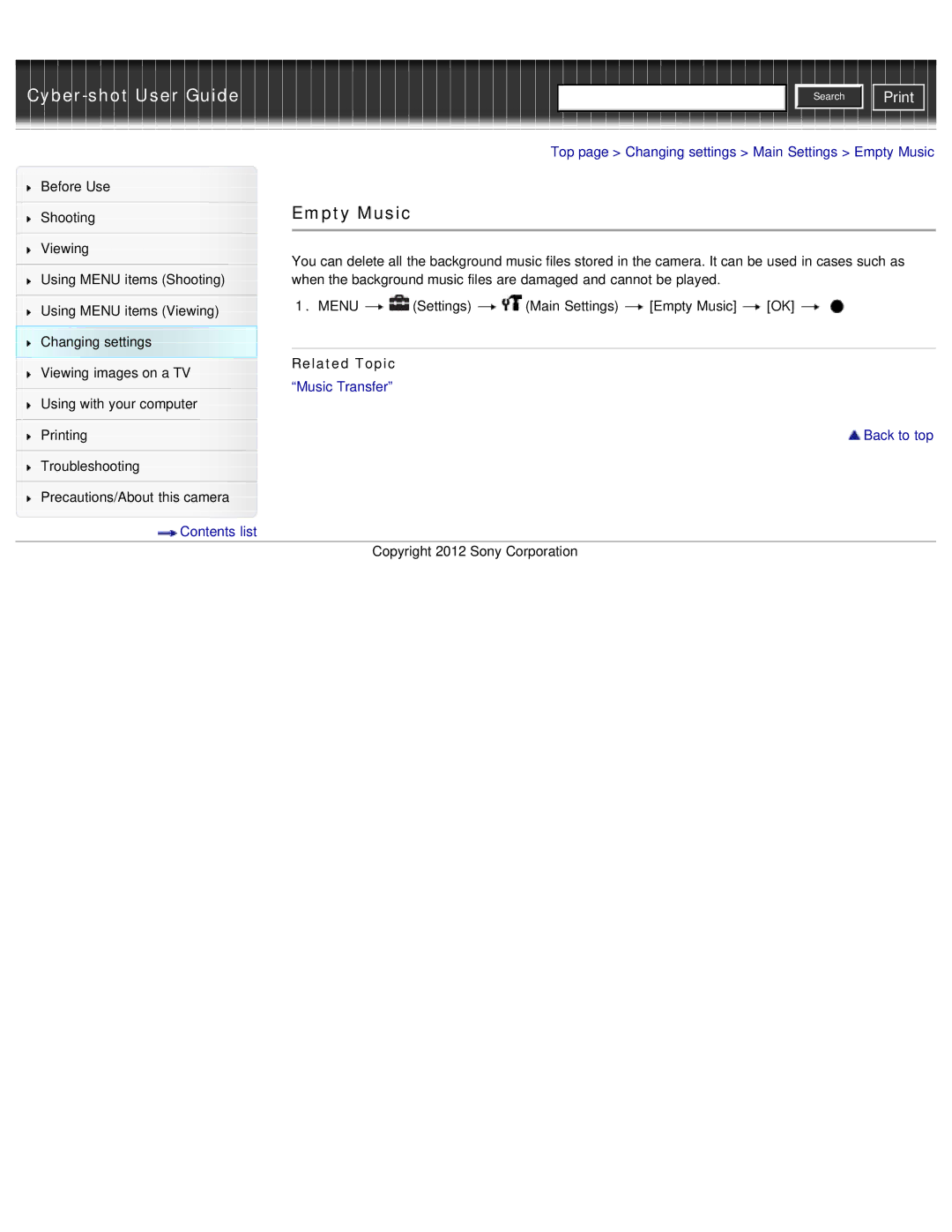 Sony DSC-WX50 manual Empty Music, Music Transfer 