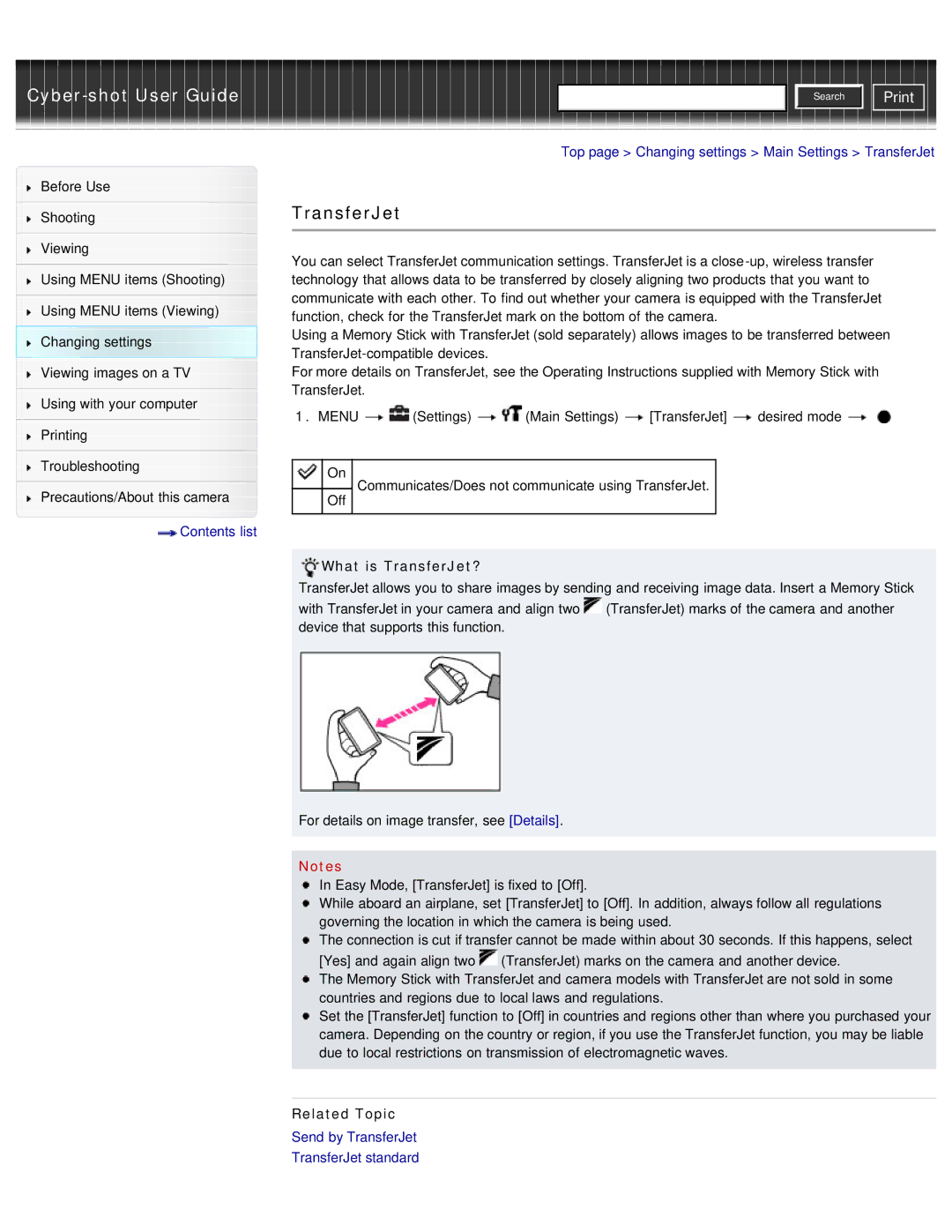 Sony DSC-WX50 manual Top page Changing settings Main Settings TransferJet, What is TransferJet? 