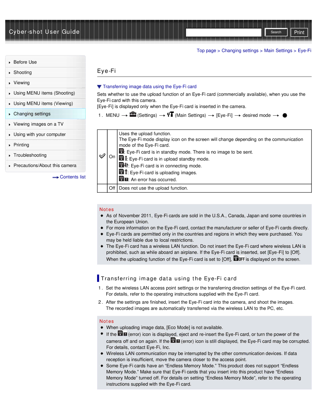 Sony DSC-WX50 manual Transferring image data using the Eye-Fi card, Top page Changing settings Main Settings Eye-Fi 