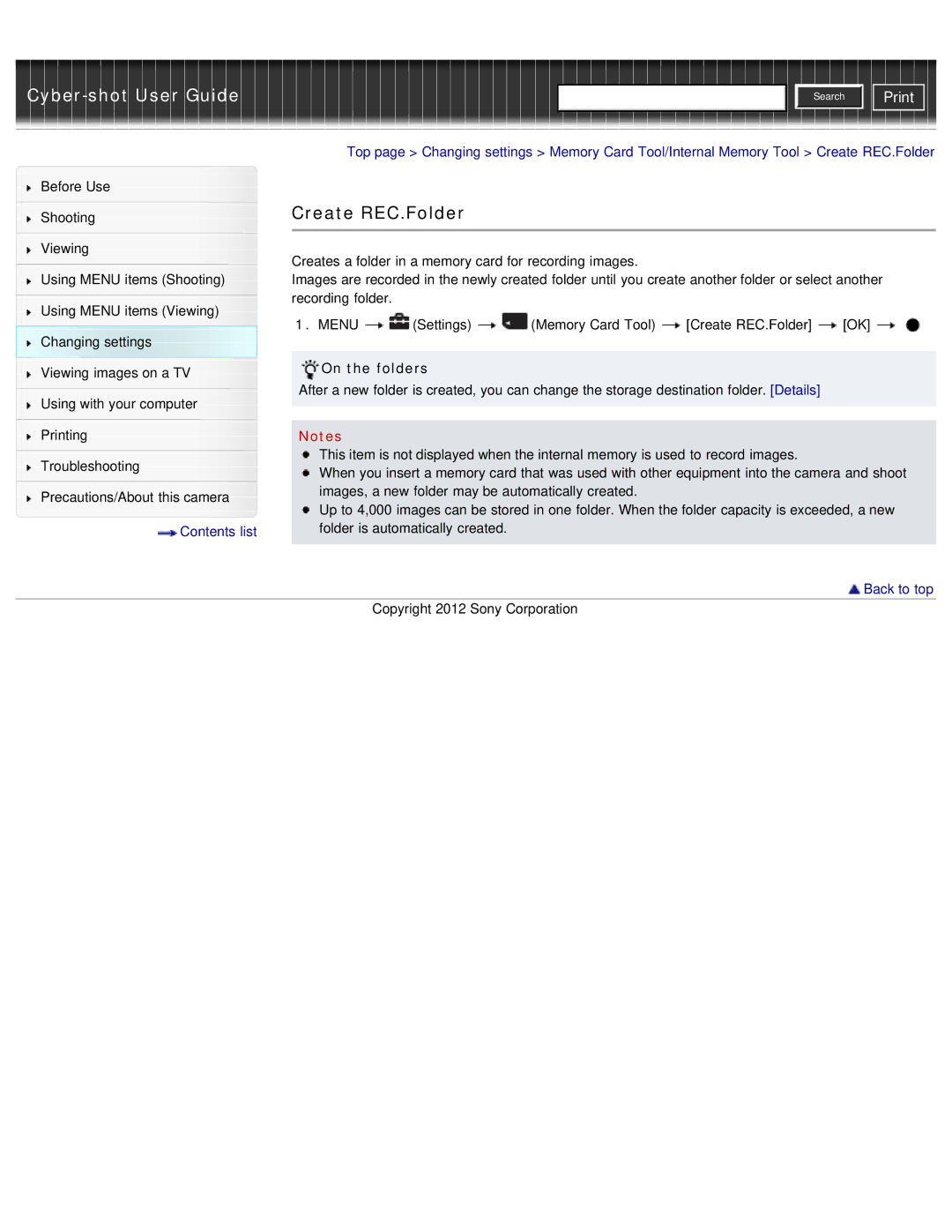 Sony DSC-WX50 manual Create REC.Folder, On the folders 