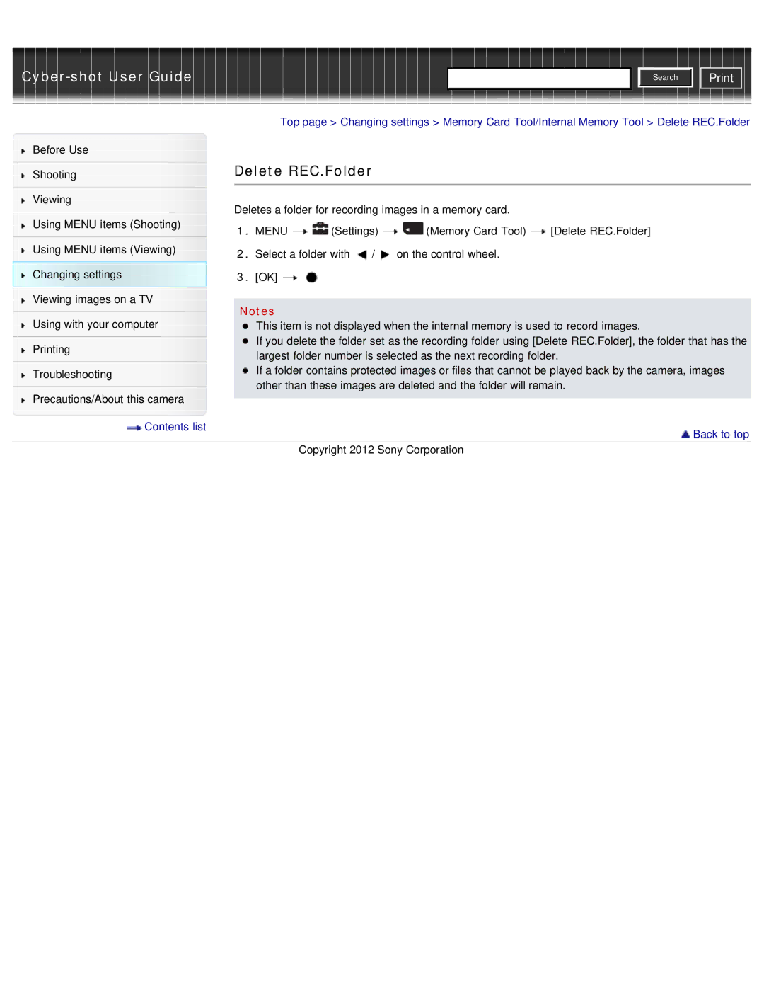 Sony DSC-WX50 manual Delete REC.Folder 