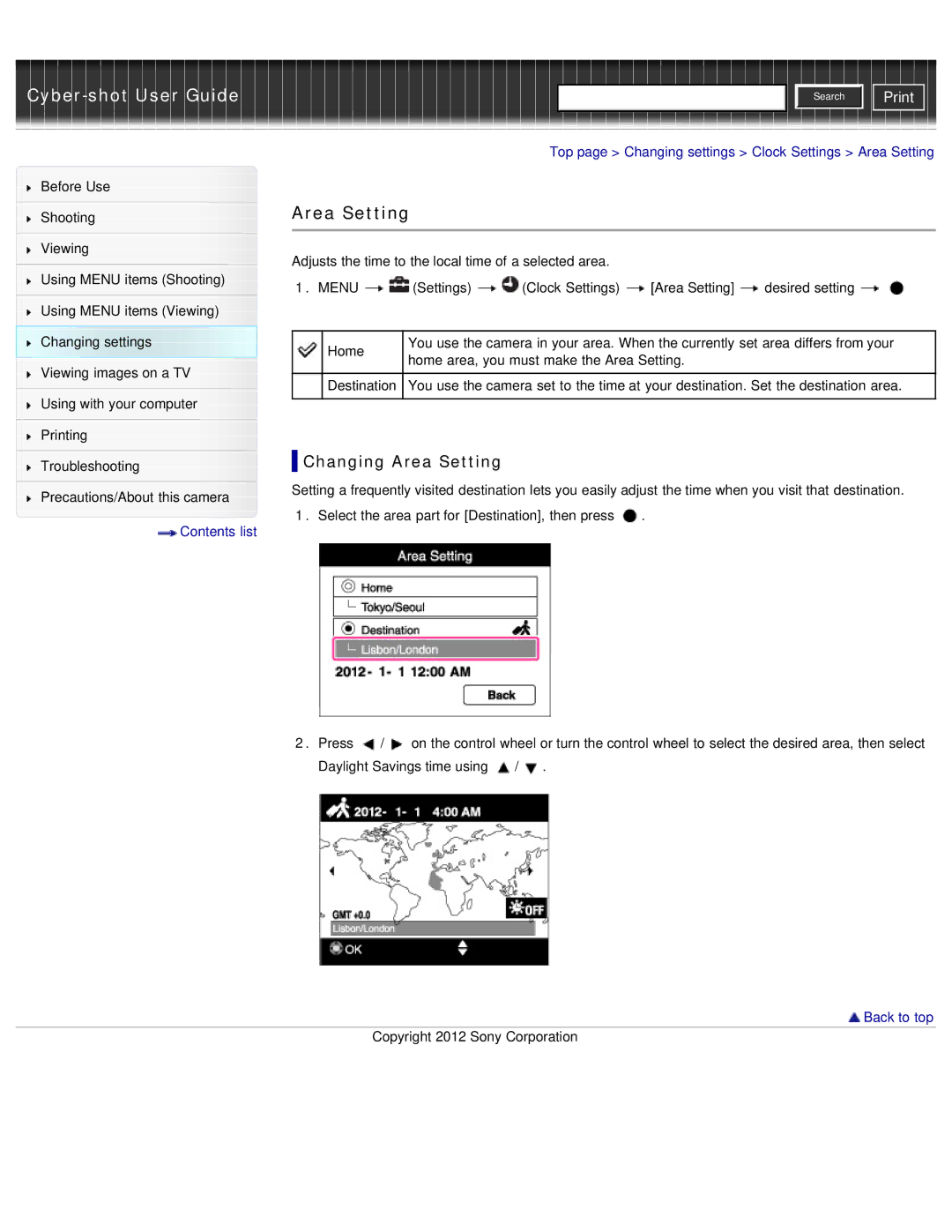 Sony DSC-WX50 manual Changing Area Setting, Top page Changing settings Clock Settings Area Setting 