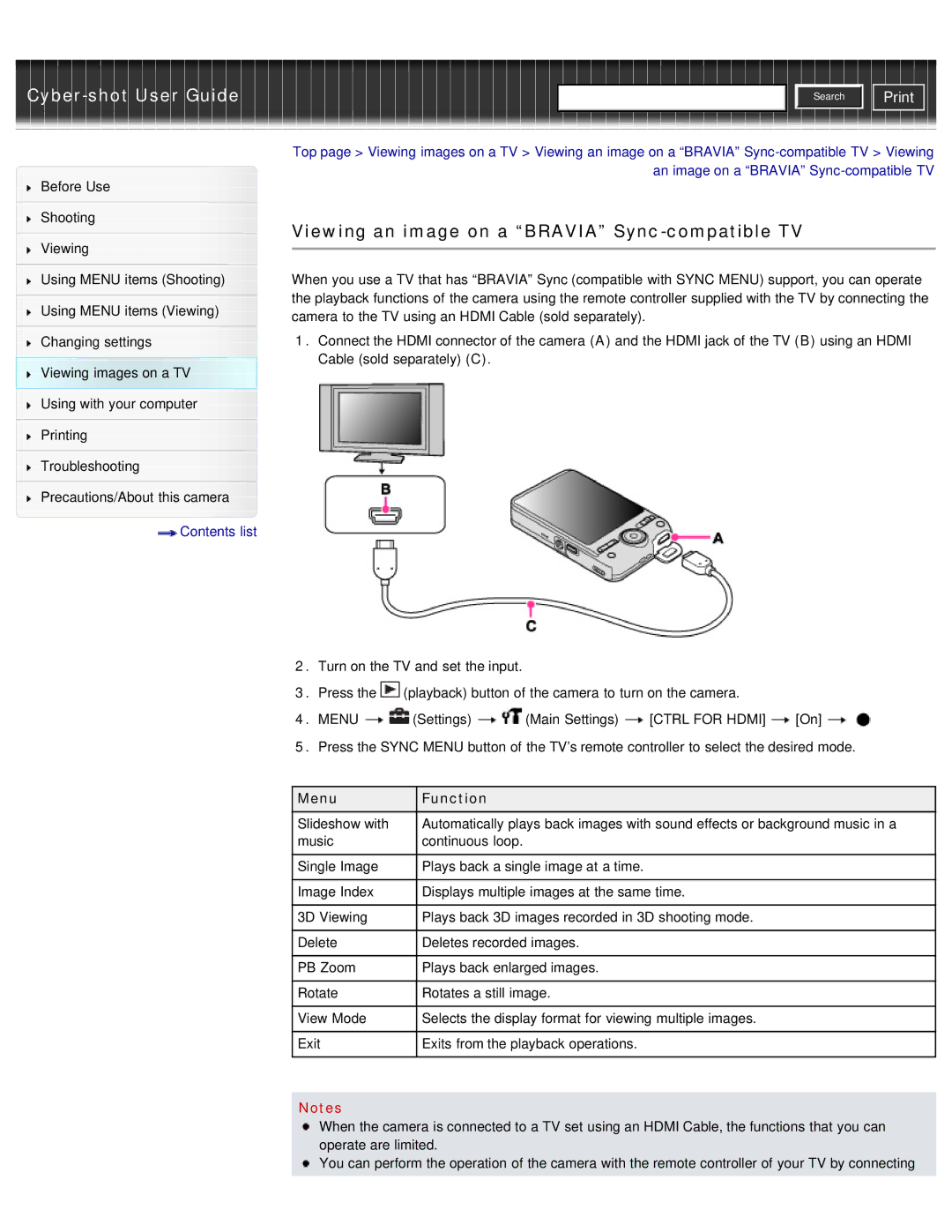 Sony DSC-WX50 manual Viewing an image on a Bravia Sync-compatible TV, Menu Function 