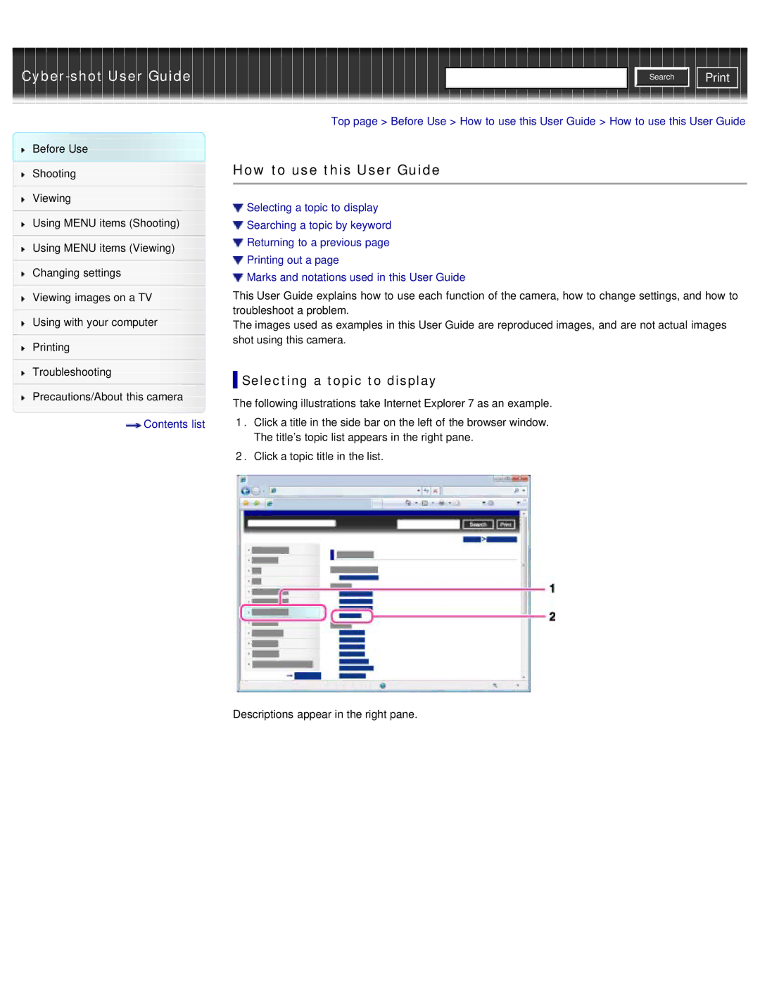 Sony DSC-WX50 manual How to use this User Guide, Selecting a topic to display 