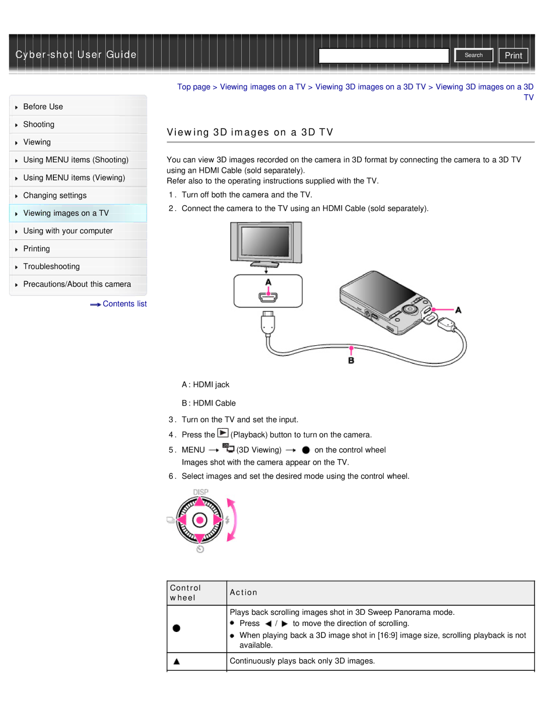 Sony DSC-WX50 manual Viewing 3D images on a 3D TV, Control Action Wheel 