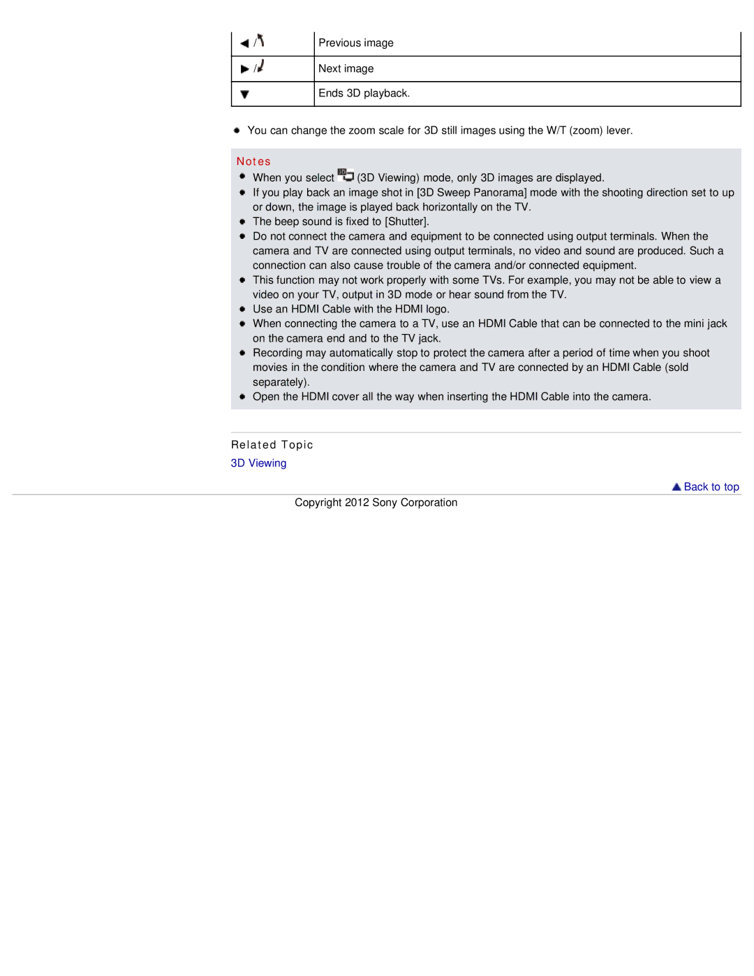Sony DSC-WX50 manual Related Topic, 3D Viewing Back to top 