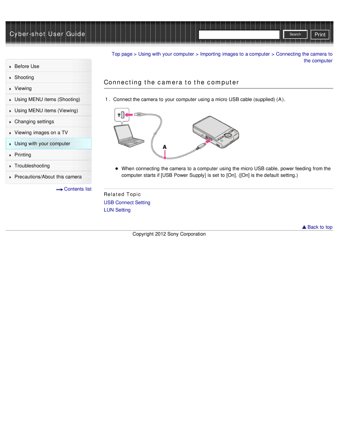 Sony DSC-WX50 manual Connecting the camera to the computer, Computer, USB Connect Setting, LUN Setting 